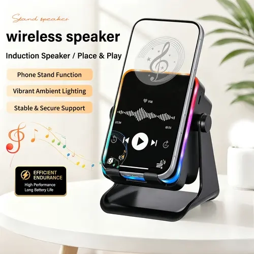 5-in-1 Inductive Wireless Stereo Speaker Stand - Sing along with a microphone,Built-in 360° Adjustable Smartphone/Phone Tablet Holder, 2000mAh Rechargeable Portable Charger, Colorful Ambient Light, USB-C Electronic Gadget, Compatible with iPhone 18-11