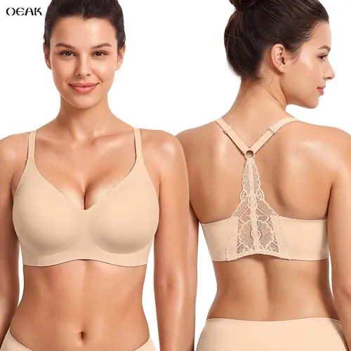 OEAK Women Seamless Lace Pullover Bra Wireless Jelly Comfortable Deep V Bras Racerback Adjustable Minimalist Triangle Straps Everyday T-Shirt Bralette