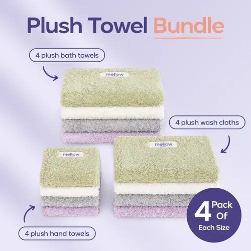 Mellow Sleep Bundle | Cloud Plush Towels - 4x Bath Towels - 4x Hand Towels - 4x Washcloths - Soft, Cushioned Microfiber with Quick-Drying Cloud Texture - Products Ship Separately
