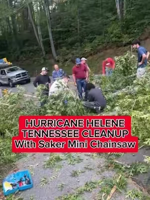 I can’t believe this little mini chainsaw actually cut this huge tree 😭#hurricanehelene #fallentree #roadclosed #hurricanecleanup #minichainsaw #sakerminichainsaw 
