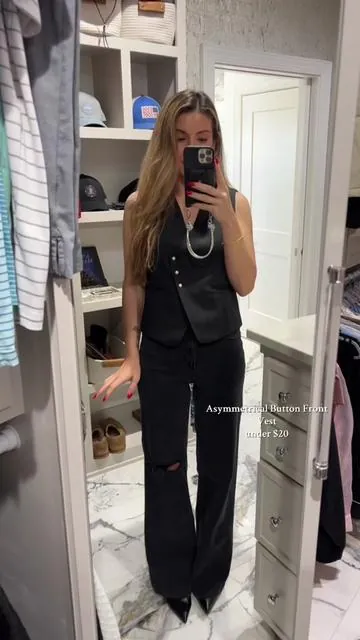 This asymmetrical button front vest is so classy and fun to style!!! And the price and quality is amazing! #vest #vestoutfit #ootd #affordablefashion #fallootd #tiktokshop #spotlightfinds #falldealsforyou 