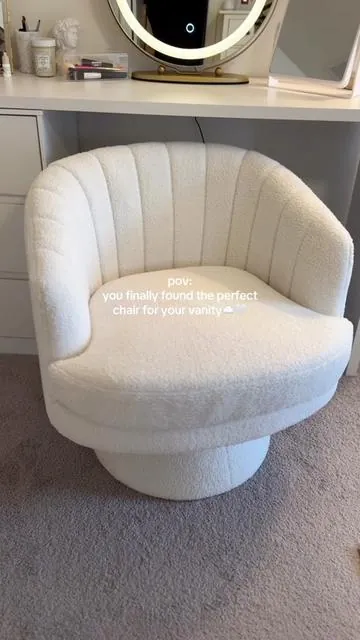 Linked above!!! Makes my vanity area soooo much more inviting and comfy🤍☁️🧸 #vanity #vanitychair #makeupvanity #makeupvanityideas #boucle #bouclechair #makeupdesk #organizedhome #cleanhome #organizewithme #bedroomdecor #momtok #beautytok #vanitysetup #neutralaesthetic #fypage #fyppppppppppppppppppppppp #homedecor #lifestyleblogger 