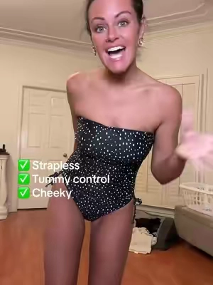 CUTE, right?! 😍 Removable straps, comfortable, tummy control one piece swimsuit. Wearing a small (5'3 size 4/6, 34C) #tiktokshopcreatorpicks #millennialfashion #swimsuit #bathingsuit #straplessswimsuit 