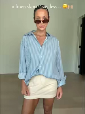 Excuse me.. MAAM. This linen skort is such good quality and so affordable. I’ve struck gold. I’m 5’ 7 , 125 lb and did a XSMALL. Great stretch to it. 🤍💛🩵  #skort #lookalike #lookforless #linenskort #linen #springoutfit #summerstyle #linenoutfit 