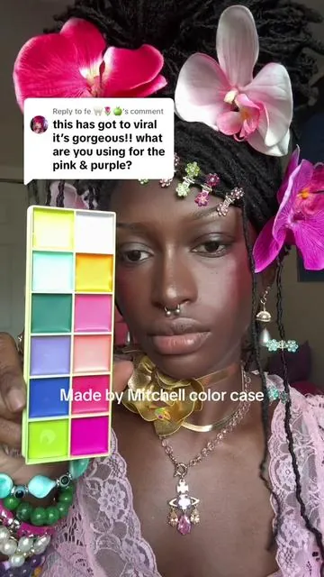 Replying to @fe 🦷🌷🍏 using the colour case from @madebymitchell 🎨 #fyp #makeup #makeuptutorial #eyeshadow #facepaint #beauty #creativemakeup #eyeshadowpalette #blackgirlmakeup #flowers #editorialmakeup #madebymitchell 