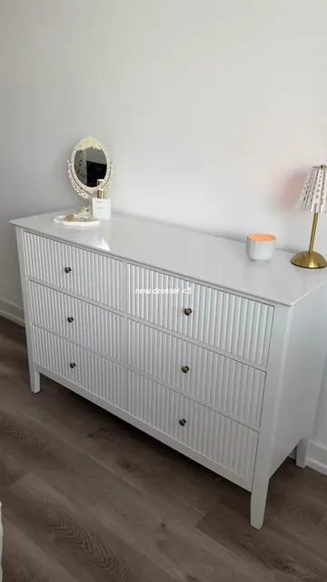 New dresser to store some of my clothes <3 I got this dresser in the 6 drawer white color but they have smaller 3 drawer options as well and different colors too. I put it together myself and the assembly instructions were pretty easy. This dresser fits a good amount of clothes in each drawer :) #dresser #drawerdresser #woodendresser #fluteddresser #bedroomfurniture #clothesorganizer #whitedresser #homefinds 