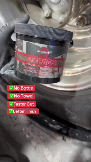 Renegade Pro Pads were developed with the input of polishing professionals looking for a more aggressive cut than Renegade Red Liquid Metal Polish while also offering a more convenient user experience for our everyday customers. Our Pro Pads consolidate and combine a few of those steps by offering you 10 Prep Pads that come pre-saturated in Pro Red Liquid Metal Polish. These pads are effective for both application and agitation purposes. Once you have attained a satisfactory polish, simply remove the excess polish and buff the work piece appropriately with a clean microfiber towel, and that's it--a tub and towel are all you really need. Traditionally, Pro Red Liquid Metal Polish would be stored in its bottle, applied onto a terry cloth towel or applicator pad, applied to the work surface with the applicator of choice, and cleaned off with a microfiber towel. What Pro Pads aim to do is to combine and consolidate a few of those steps in a convenient package.  Polished metal features tend to take a beating from the elements, road debris, and other outside factors. Without proper care, you can end up with hazy, oxidized metal that may rust or weaken over time. With Renegade Pro Pads, it's very easy to achieve that care, as it helps to neutralize oxidation and mineral buildup on your aluminum and stainless steel surfaces. It will give great results that can only be beat with a buffing wheel and polishing compound. How to use Renegade Pro Pads: To maximize results, make sure that the surface to be polished has been properly and thoroughly cleaned and dried. If there are stains or build up of any kind, use our Renegade Savage APC (All-Purpose Cleaner) to prepare the surface. Step 1 Remove the Pro Pad and apply the saturated pad to your work surface. Proper usage dictates that you should first apply in a circular motion to more effectively break up the oxidation and impurities until the polish and work surface begin to darken, then "finish" in linear motions for a more consistent finish. Let dry for about 3 minutes. Step 2 Use a clean microfiber towel to remove the excess polish and to buff the surface to a brilliant shine. This should be done in the same linear direction used when polishing. Pro tip: Pro Pads can be re-used and stored in their original container. Pro Pads can be used until the pad material begins to break down, at which point it should be discarded. #tiktokshopsummerturnup #detailing #metalpolishing #metalpolish #truck @AlmostChrome 