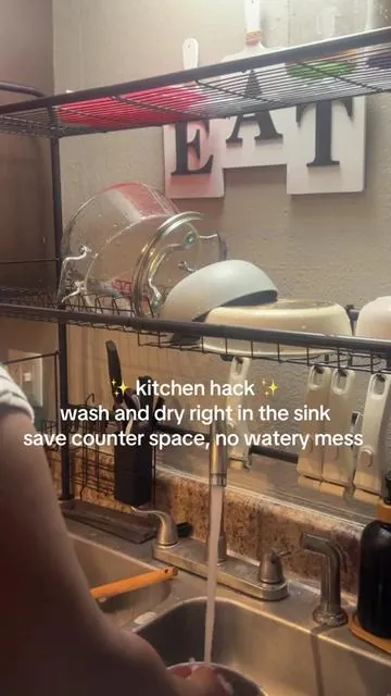 This two tier dish rack is perfect! #kitchengadgets #overthesinkdishrack #dishrack #dryingrack #kitchenorganization #kitchenorganizing #organization 