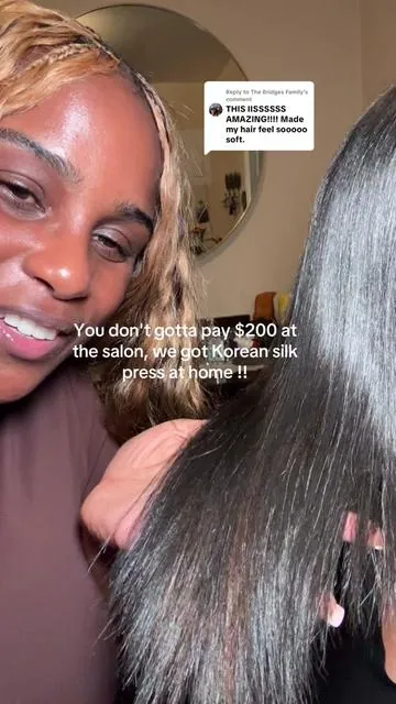Replying to @The Bridges Family  We got Korean Silk Press at home girl! Save yourself that $200 bill!! #koreanhaircare #kbeauty #drmelaxin #detanglehair #kbeautyforcurls #kbeautyforhair #hairtok #heatdamage #antifrizz #salonhairathome #salonhaircareathome