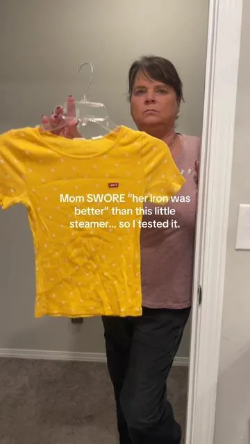 my mom swore her iron was unbeatable so of course i had to put it to the test. i gave her one side of the shirt, i took the other… let’s just say she’s quietly plotting how to steal this steamer from me now. 🤷‍♀️ it’s always the “that little thing won’t work” people who end up being the biggest fans lol #cleaningtok #garmentsteamer 