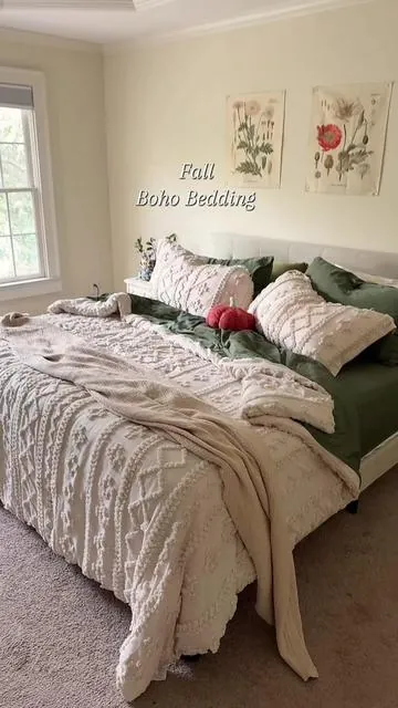 It washes well and is a nice medium weight; mine is king size! #bedsure #gentlesoft #bohocomforter #cozybedroom #fallbedroom 