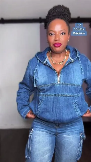5’3 / 160lbs / Medium. Women’s Zip Denim Hoodie Pullover Jacket @USBoutique Chic #theelboogy #denim #fallfreshness #fallfashion #tiktokshopfalldealsforyou 