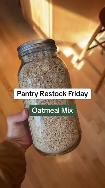 Welcome to my series, Pantry Restock Friday!  Every week I share a new recipe that you can use to start building your homemade pantry🙌🏻 This week we are making Oatmeal Mix👇🏼 6 cups oats (rolled or quick both work) 1/2 cup brown sugar 3 tbsp milk powder 1 tsp salt 1 cup any dry add ins of choice Combine in a large bowl, then store in a 1/2 gallon airtight container. To make: Cook (or microwave) 1 cup dry mix and 1 cup water until soft and thickened.  Make sure to follow so you don’t miss next weeks recipe! #pantryrestock #healthyswaps #homemaderecipe #drymix #oatmeal  