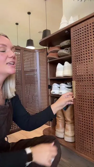 Boho shoe cabinet with rattan doors for easy organization. This 5-tier shoe storage works in an entryway, hallway or living room and hides the clutter while still looking beautiful. Adjustable shelves, curved doors, and that warm wood finish make this such a pretty accent piece. @giratreestore #shoeorganizer #tiktokshopcreatorpicks 