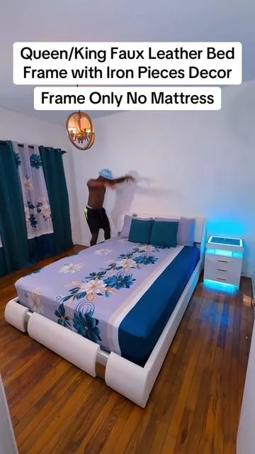 Queen/King Faux Leather Bed Frame with Iron Pieces Decor! Free Shipping 🔥🔥🔥#AnmweyChawaPeteNet #FanmMeteGasonMete 