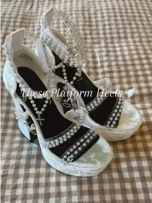 These platform Holy Revelation Heels are stunning ✨ Love all the pearls and charms. Perfect for engagement photos, bachelorette party or wedding heels, if you dare! 🔥 Surprisingly comfy. Grippy bottoms. Comes in other colors. FREE SHIPPING. These were a gifted sample. #platformheels #platformshoes #weddingheels #highheels #weddingshoes  