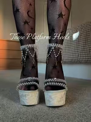 These platform Holy Revelation Heels are stunning ✨ Love all the pearls and charms. Perfect for engagement photos, bachelorette party or wedding heels, if you dare! Surprisingly comfy. Grippy bottoms. Comes in other colors. FREE SHIPPING. These were a gifted sample. #platformheels #platformshoes #weddingheels #highheels #weddingshoes  