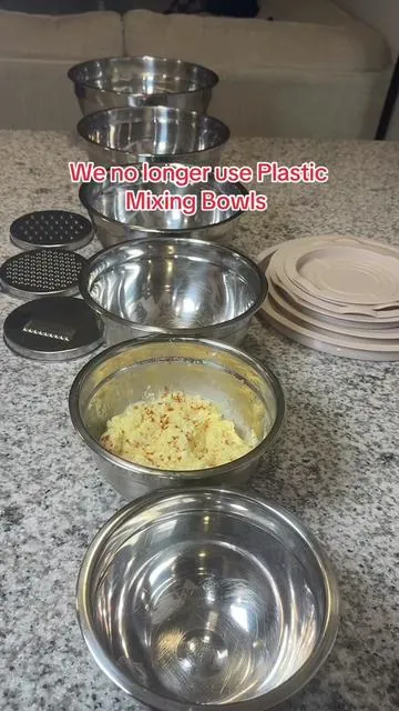 Everyone is moving away from plastic mixing bowls and getting stainless steel, mixing bowls. This is a great set of six stainless steel mixing bowls. They have the anti-slip grip at the bottom so they will not be sliding all over the place while you’re mixing. They come with three greater attachments. And this cream color will look good in any kitchen. I’m going to include the orange TikTok shop link at the bottom click it to get yours before they sell out and before the sale ends. #mixingbowls #stainlesssteelmixingbowls #kitchentools #kitchenbowls #mixingbowlset 