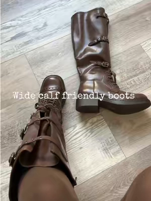 These vintage style combat boots are wide calf friendly! Knee high length. Fully adjustable buckles. Fits true to size. Zips on and off. Comes in lots of colors. These boots are in the regular brown color. FREE SHIPPING. Sample provided by @Dream Pairs #widecalfboots #combatboots #kneehighboots #leatherboots #womensboots 
