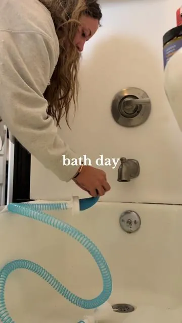 Monday Bath Day 🧼🛁 still obsessing over the slip on tub hose for easier bath time with Ollie 🚿 #bath #dog #tub #wash 