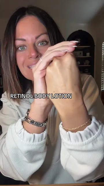 Retinol body lotion, medical grade skin care. The best! Helps reduce age and sun spots, stretch marks, hyperpigmentation, dry skin, and uneven texture. You need to add retinol to your body, not just face! #retinol #dryskin #skincareroutine #drmtlgy #over40skincare 