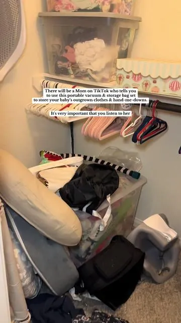 Mom hack for storing outgrown baby clothes and saving SO MUCH closet space 👏🏻 comes with a rechargeable small vacuum for quick, easy storage and TRAVEL. Can't wait to try this for packing for our next vacation! #momhack #momlife #babyclothes #momorganization