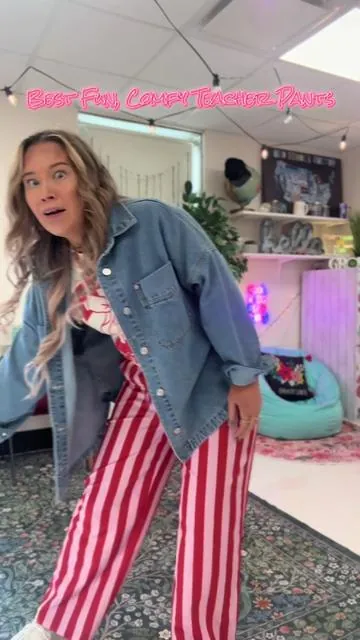 If you love comfy clothes that still look put together… these are for you 👏 Elastic waist, flattering wide leg, and the cutest stripes for spring and summer outfits. I wear these to teach and always get compliments! #StripedPants #WideLegPants #TeacherOutfit #SpringOutfits #MomStyle 
