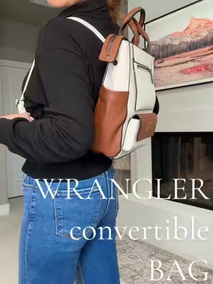 Handbag, backpack, shoulder bag. This Wrangler bag can do it all. #wranglerpurse #wranglerbackpack #convertiblebag #backpackpurse #mombag 