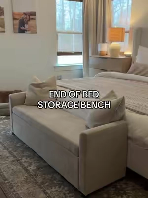 Such a pretty upgrade to my room and my sanity 😅🤩👏🏼 @Hulala Home #endofbedbench #storagebench #bedroominspo #tiktokshopjumpstartsale #blanketstorage 