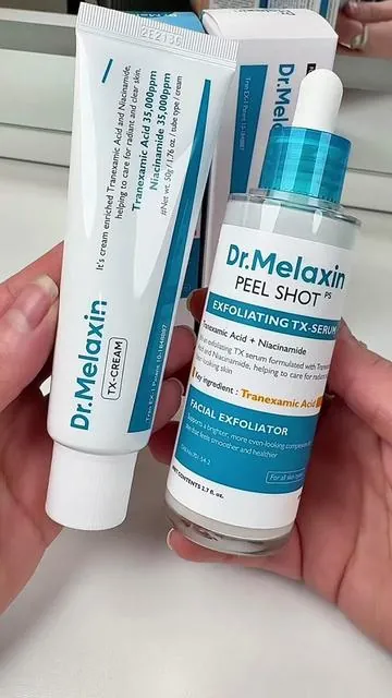 Dr.Melaxin Oficial Manchas oscuras y tono irregular melasma iperpigmentacion  Peel Shot TX Duo, Sérum exfoliante y Crema TX, Ácido tranexámico y Niacinamida Exfoliación suave para el cuidado de las manchas oscuras @Dr.Melaxin Global  #peelshot #drmelaxin #melasma  The results may vary from person to person. #skincare #darkspots 