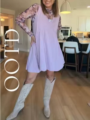 Wearing my true size medium in the shirt and dress (5’6”, 140) and true to size on the cowgirl boots too. #fashionover40 #concertoutfit #OOTD #flowydress #springfashion 