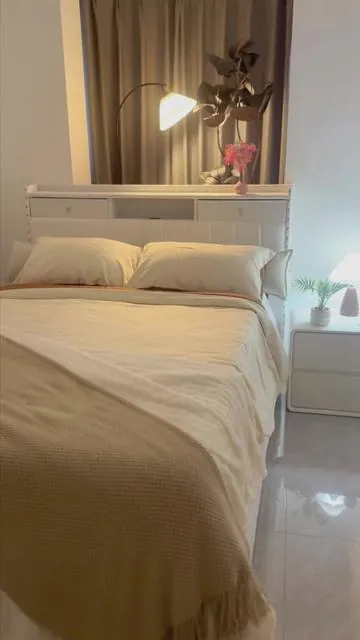 A clean white bedroom = instant calm #whiteaesthetic #minimalbedroom #storagebedframe #homeinspo #foryou 