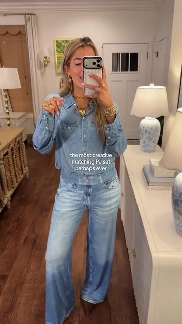 I am TRIPPINGGG- even my husband couldn't tell they weren't actually denim🤣 would be such a fun gift or prank too- but they are freaking COMFY! So good Wearing size L! #matchingpajamaset #springfashion #gaggifts #funny #airportoutfit 