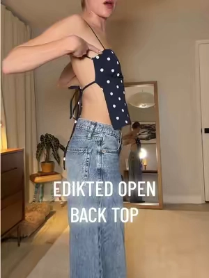 Edikted Jinx Open Back Top is on sale right now. 💙 size xs Navy + white polka dot Straight neckline with tie-back Open back with thin straps Such a cute little summer going-out top. @Edikted  #edikted #openbacktop #polkadottrend #summeroutfit #goingouttop
