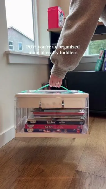 Comes in a 2 pack of the bins! Love that the lower storage is big enough to store all our coloring books and large art boxes while the top compartment can be divided even farther. Possibilities of things to organize with these would be endless 🫶🙌✨ #storagebins #organization #cleantok #organizetoys #craftbin 