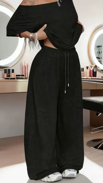 2pcs/Set Women's Minimalist Basic Daily Wear Going Out Sport Comfortable Off Shoulder T-Shirt And Wide Leg Pants Two Pieces Outfits ##tiktokshop##women##ootd##fyp##Pants