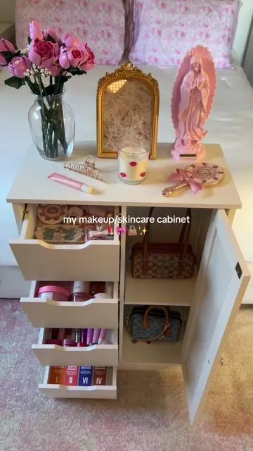 Holds so much, has an adjustable shelf, and the size is perfect—32” tall, 22” wide, 11.8” deep. #storagecabinet #roomdecor #organizer #bedroom #makeup 