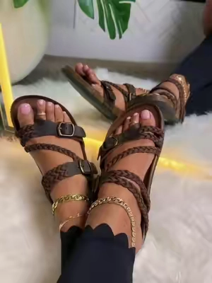 Women’s summer sandals genuine leather braided design with cushioned support that actually feels good walking all day. #SummerSandals #LeatherSandals #ComfortSandals #BraidedSandals #SupportiveShoes 