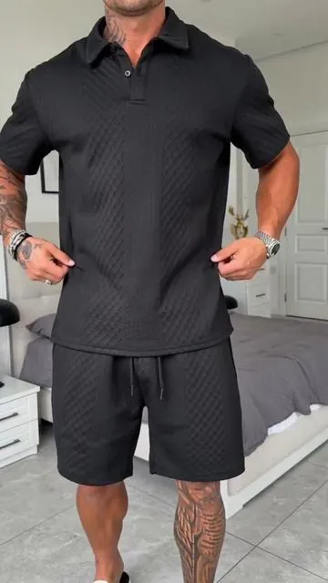 Classic polo and drawstring shorts combo – breathable, comfy, and versatile enough for summer outings or backyard hangs🔥🔥#texture #2pieceset #mensfashion #springglowup #tiktokshopdeals 