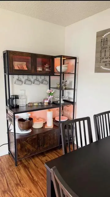 Farmhouse coffee bar with led lights ✨☕️🥂 #coffeebar #coffeeathome 