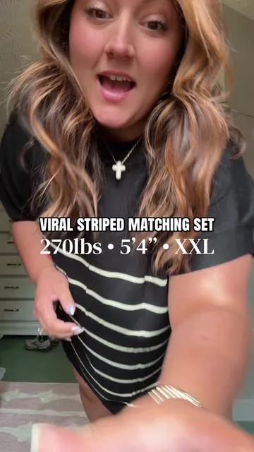 This striped matching set is EVERYTHING! If you’re between sizes you can go down 🎉 #outfitideas #plussizefashion #matchingset #casualoutfits #curvy 