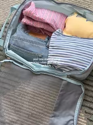 All of this in a carry on size suitcase! Amazes me how compressed you can get these things. I also love how organized these make everything. #packingcubes #travelpackingcubes #packwithme #travelhacks #suitcasepacking 