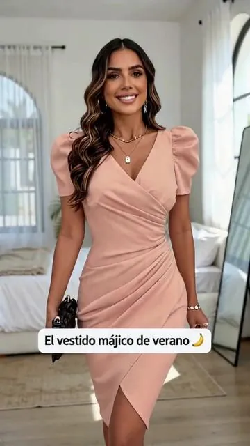 Vestido elegante con fruncido, escote cruzado en V, manga abullonada, ideal para citas y eventos. #quincedress #curvyfashion #girlsfashion #sheinoutfits #unisexfashion #accesoriosparamujeres #womenclothes #fashionlatina #acessoriosfemininos #longdress