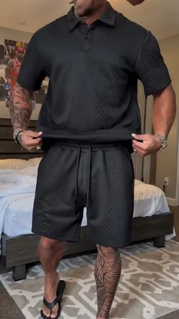Textured polo and drawstring shorts set – clean, breathable, and made for summer street and vacation wear🖤🤍🤎🔥🔥#mensfashion #texture #springglowup #OOTD #ootd 