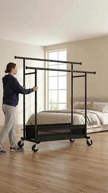 Perfect size clothing rack to fit in a corner and looks like actual furniture! #clothingrack #closetcleanout #organizedhome #tiktokshopfind 