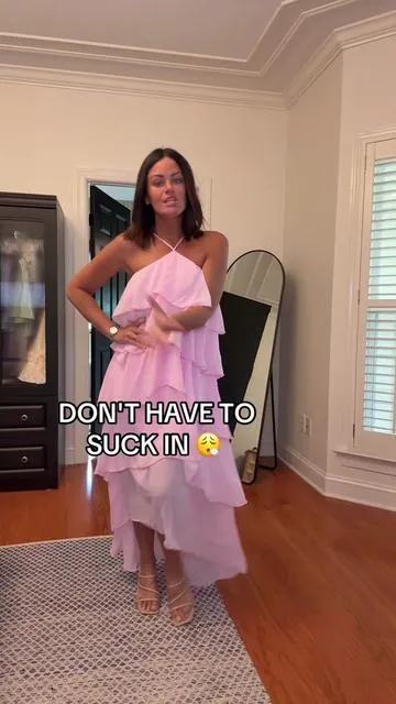 Formal ruffle dress. Perfect for a wedding guest. Ties in back. Wearing a small (5'3 size 4) #elegantdress #formaldress #weddingguestdress #dress #ruffledress 