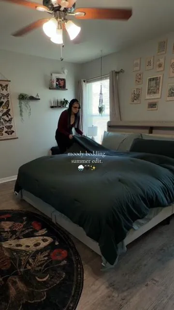 I need a thunderstorm and a good book. 7 piece bedding sets are so hard to find, i love this one in alpine forest. #bedding #summerbedding #moodyaesthetic #7piececomforterset #summervibes☀️ 