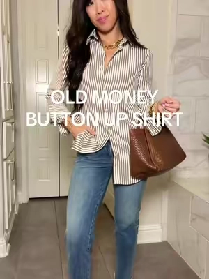 This striped button down = instant “put together” look 🤎✨ looks high-end without the price, wrinkle-free & the perfect everyday staple 🙌 dress it up or down for work, travel or casual outfits #siliteelon #buttondownshirt #buttonupshirt #tiktokshopstockup #oldmoneystyle 
