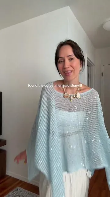 the sequins!! 🩵🥰 #sequin #beachcoverup #shawl #poncho #mermaidaesthetic 