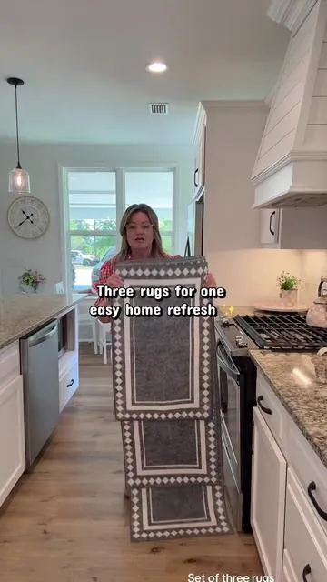 These Boho style rugs are machine washable, nonslip, and perfect for your kitchen, bathroom, laundry room, or entryway. Such an easy way to make your home feel cozy and pulled together. #bohorugs #kitchenrugs #homedecor #laundryroomdecor #bathroomdecor